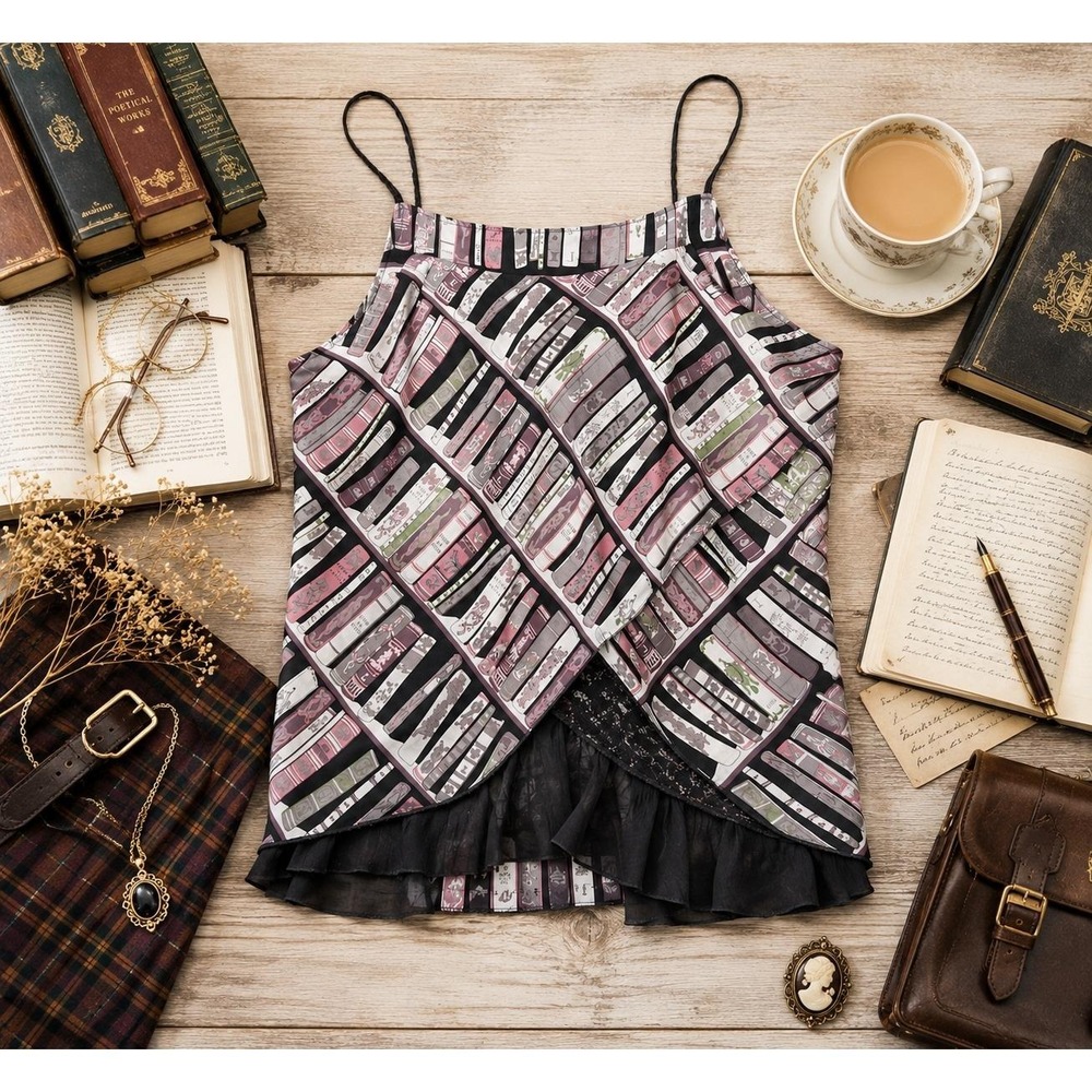 Xu Hong Chou Book Print Camisole XL Pink Black Literary Dark Academia Top